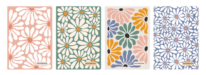 Aufkleber - Groovy Daisy Flower Seamless Pattern. Abstract Retro Floral Backgrounds. Vector Notebook Cover Print Design