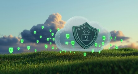 Aufkleber - Cloud security concept showcasing a shield and lock protecting data, symbolizing robust cybersecurity measures in the digital world