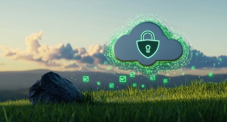 Aufkleber - Cloud security concept featuring a padlock securing data, symbolized by a cloud, hovering over a verdant landscape, ensuring data protection