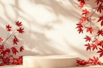 Poster - Minimalist autumn background with empty podium displaying shadows of red maple leaves on beige wall for product presentation