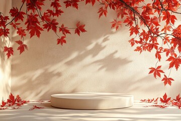 Aufkleber - Empty podium displaying autumn red leaves falling on beige background with beautiful shadows, perfect for showcasing products