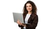 © Alice M - A confident young woman with curly hair smiles while holding a laptop. Dressed in a casual brown jacket, she embodies a blend of professionalism and tech-savviness.
