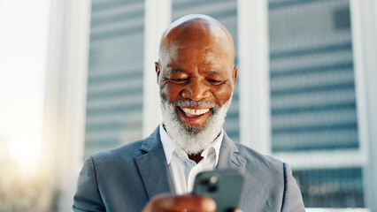 Poster - Business, smartphone and black man in city, scroll and urban town with social media, network and communication. Mature person, accountant and financial advisor with tech, texting or smile in New York