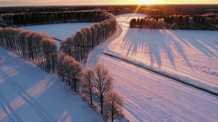 Wall Mural - winter sunrise illuminates snowy landscape with winding road and trees