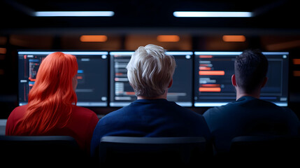 Three Programmers Working Late at Night on Multiple Computer Screens