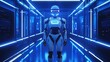 © Zahfran - A humanoid robot standing in a futuristic lab, sophisticated design, blue neon lighting, photorealistic