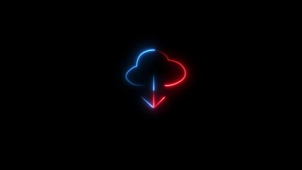 Neon cloud icon ,glowing cloud and arrow animation on isolated black background.