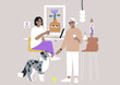 © nadia_snopek - A vibrant coffee bar atmosphere comes alive as two patrons enjoy beverages while chatting, accompanied by a playful dog, The space is adorned with contemporary art and decor