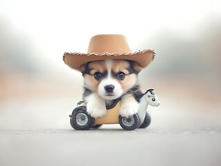  Cowboy Puppy Rides Toy Car Outdoors.