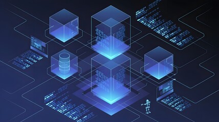 Abstract 3D blockchain network with glowing data blocks, servers, and code snippets connected in a digital ecosystem.