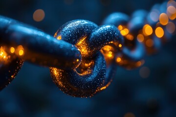 Wall Mural - Close-up of a metallic chain link illuminated with golden reflections in a dark setting at dusk