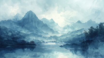 Wall Mural - Misty hills rise in the background, while a tranquil river reflects the soft colors of dawn. Trees frame the water, enhancing the peaceful atmosphere of the landscape