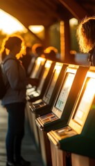 Golden hour silhouettes of people using self-service kiosks outdoors.  Warm sunset light illuminates the scene.