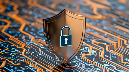 Security Shield Lock on Digital Circuit Board for Cyber Data Protection and Access Control