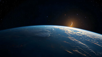 blue earth planet illuminated with city lights against starry cosmic background with sun flare