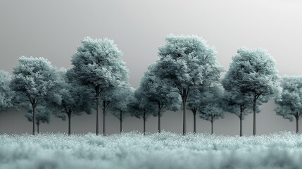 Trees in a Field with White Flowers Minimalist and Serene