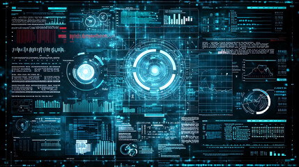 digital interface displayed with blue and white illuminated elements against dark background