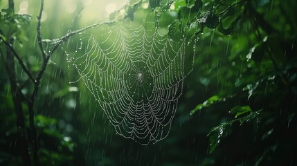 Spider web with dew drops in rain forest, natural background.