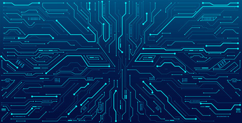 Abstract digital circuit board on an electric blue technological background. Circuit board with connected lines and dots on an abstract digital motherboard. 