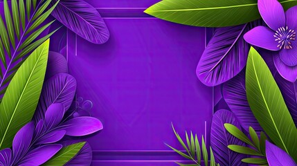 Wall Mural - Purple and green leaf arrangement. Floral decoration. Tropical background for invitation