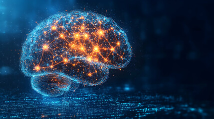 Wall Mural - abstract human brain with interconnected glowing synapses and digital electric pulses on a deep blue