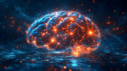 Wall Mural - abstract human brain with interconnected glowing synapses and digital electric pulses on a deep blue