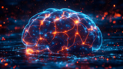 Wall Mural - futuristic digital illustration of a human brain with glowing neural pathways, electric sparks and d