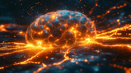 Wall Mural - futuristic medical visualization of a glowing brain with bright neural pathways and electric sparks,