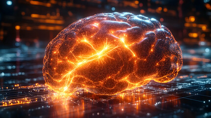 Wall Mural - futuristic medical visualization of a glowing brain with bright neural pathways and electric sparks,