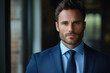 © Ekaterina - Man in suit and tie gazes confidently at camera, standing against city skyline backdrop, a symbol of success and determination.