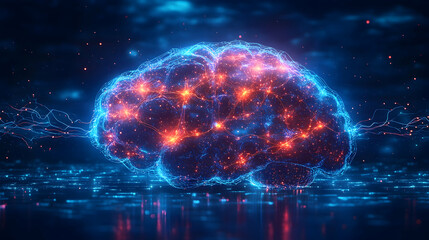 Canvas Print - high-tech digital art of a glowing human brain with neural connections, electric pulses and futurist