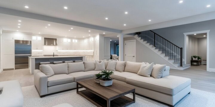 Stylish furnishings complement the vibrant ambiance of the basement space.