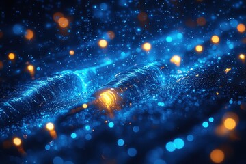 Wall Mural - vibrant blue waves with glowing particles creating a mesmerizing abstract landscape at night