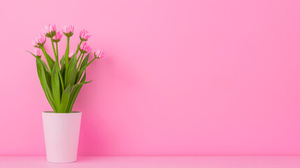 Poster - Bright pink flower pot with vibrant blossoms against a pastel pink background in a cheerful indoor setting