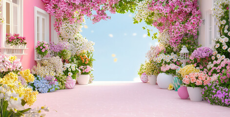 Poster - Colorful flower-filled pathway with blooming plants and pastel decorations creating a serene outdoor atmosphere