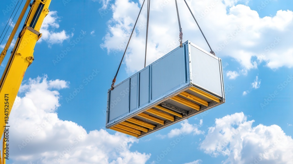 A modular building unit being hoisted by a crane against a bright blue ...