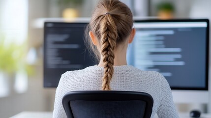 woman working at monitor setup, displaying lines of code, represents software development, women in tech, modern programming environments, for illustrating coding, IT careers, digital transformation