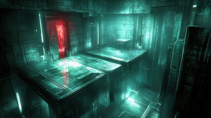 Wall Mural - futuristic interior featuring platforms a door and geometric design