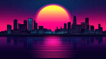 Wall Mural - A Vibrant Sunset Illuminated The Modern City Skyline At Night