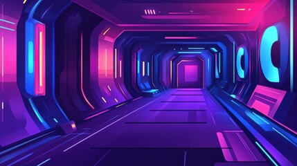 Wall Mural - a futuristic interior corridor with bright purple and blue lighting