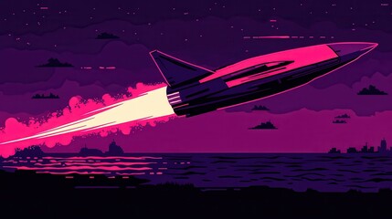 Wall Mural - A retro futuristic rocket ship soaring across the colorful sky