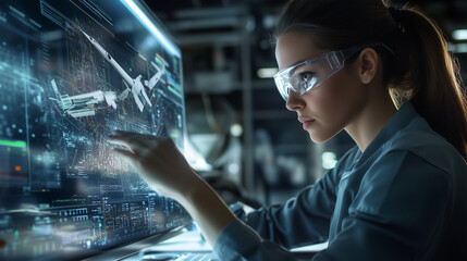 Female Engineer Analyzing Aircraft Design on Interactive Digital Screen with High-Tech Interface in Modern Laboratory. Image made using Generative AI.