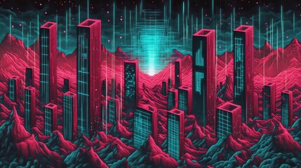 Wall Mural - a futuristic cityscape with tall buildings and vibrant color schemes