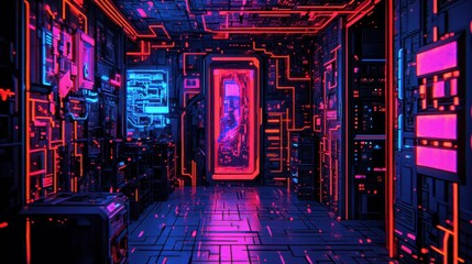 Wall Mural - a futuristic hallway design with neon colored illumination