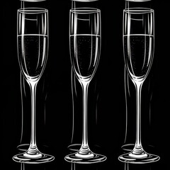 A modern seamless pattern featuring wine glasses serves as a background, with simple silhouettes of champagne flutes set against a white and black backdrop, creating an elegant drinkware repeat