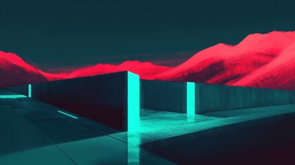 Wall Mural - an abstract digital landscape features architectural elements and red mountains
