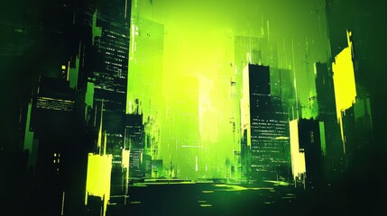 Wall Mural - abstract city skyline glows with neon green urban lighting