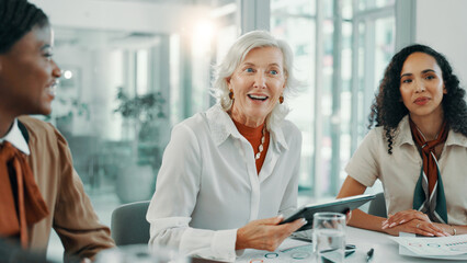 Aufkleber - Meeting, review and tablet with business women in boardroom of office for planning or strategy. Collaboration, discussion and smile with happy employee team in workplace for agenda or feedback