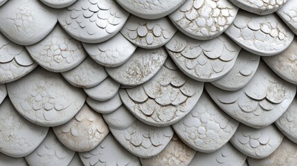 A 3D rendering depicts fish scale mosaic tiles in a wall pattern, overlaid on a block of polished white semigloss bricks