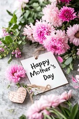  Mother's Day greeting card with pink flowers and heart decoration on textured background